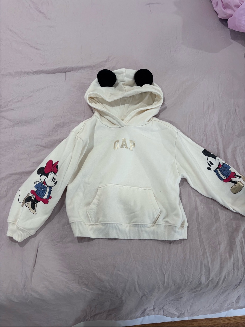 GAP Cream Kids Hoodie with Minnie & Mickey Sleeve Graphics